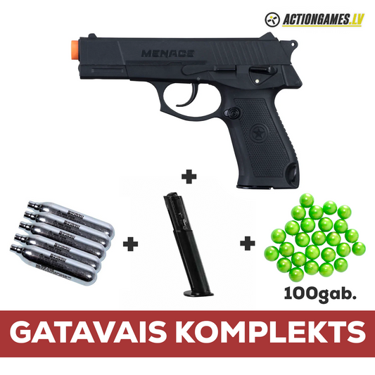 Komplekts | Tippmann Menace 50 Cal. Peintbola Pistole + 5gab. 12g CO2 Kapsulas + Aptvere 50.cal Menace + 100gab. 50.cal Peintbola bumbiņas