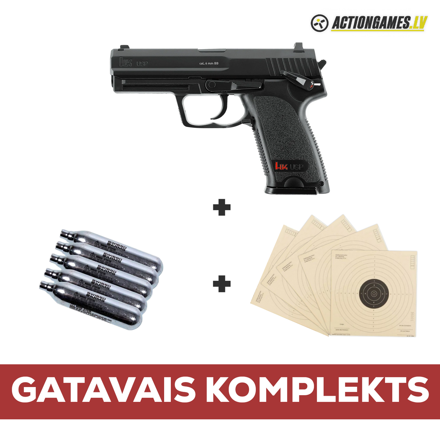 Set | H&amp;K USP Pistol Replica + 5pcs. 12g CO2 Capsule + 5pcs. Umarex Targets